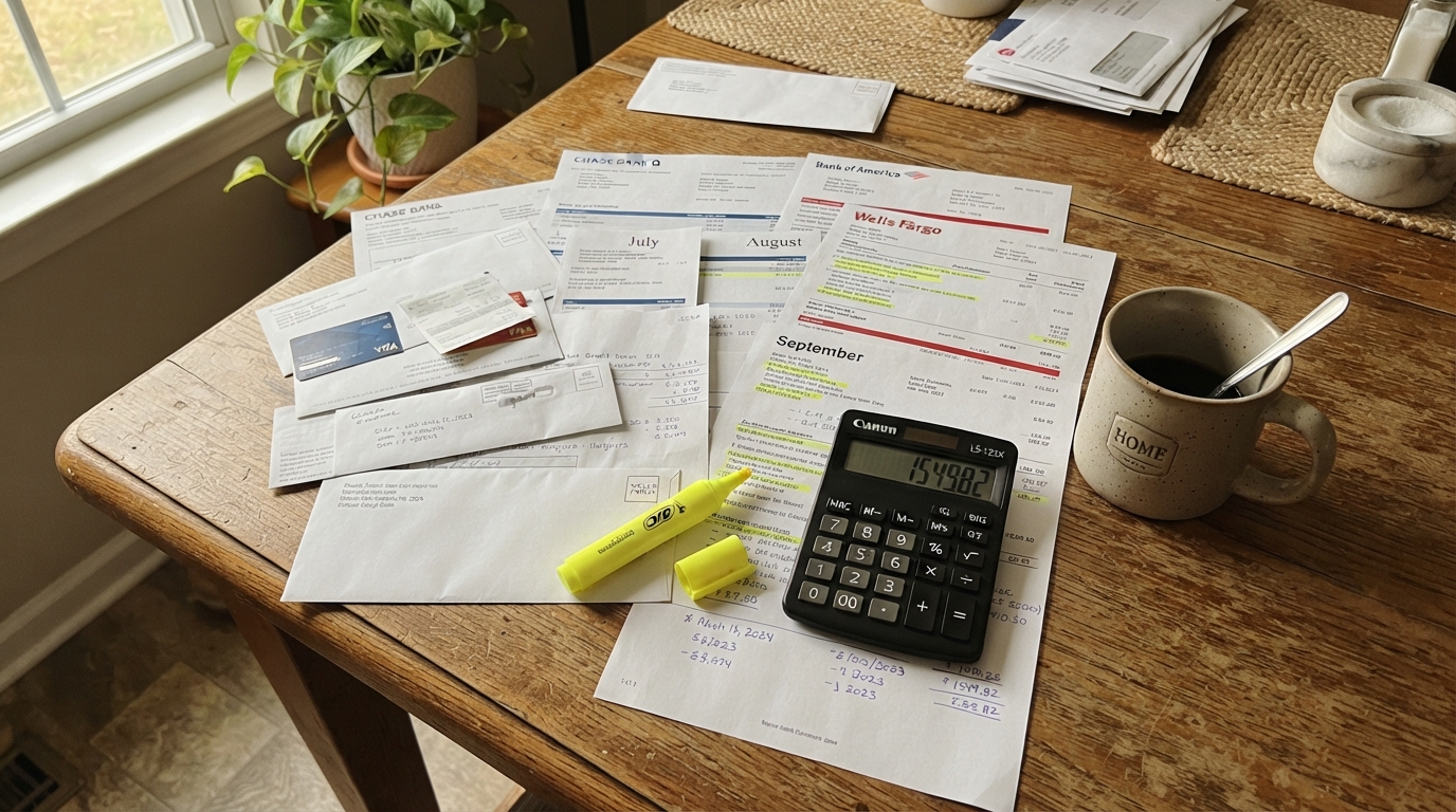 Kitchen table with credit card bills and bank statements